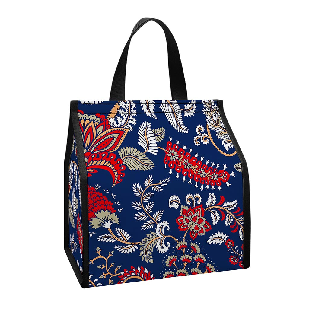Blue Vintage Bohemian Floral Print Insulated Lunch Tote