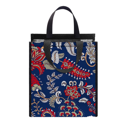 Blue Vintage Bohemian Floral Print Insulated Lunch Tote