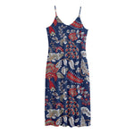 Blue Vintage Bohemian Floral Print Jersey Midi Cami Dress