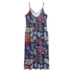 Blue Vintage Bohemian Floral Print Jersey Midi Cami Dress