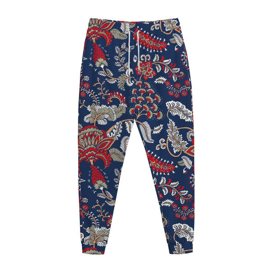 Blue Vintage Bohemian Floral Print Jogger Pants