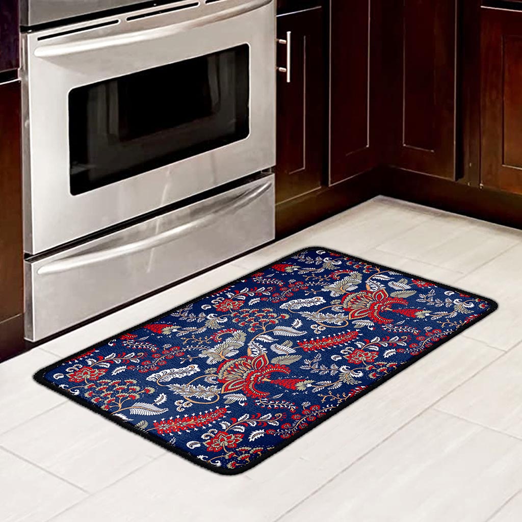 Blue Vintage Bohemian Floral Print Kitchen Mat