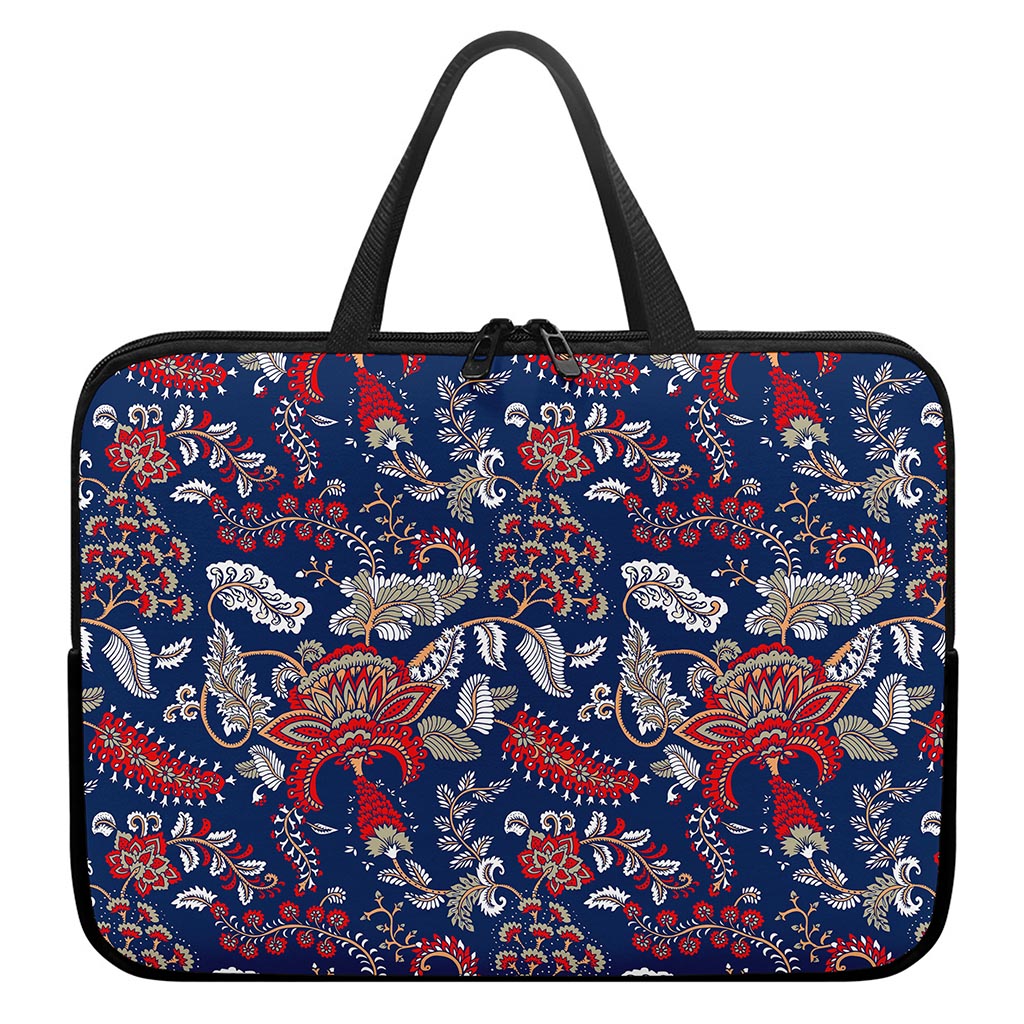 Blue Vintage Bohemian Floral Print Laptop Sleeve With Handle