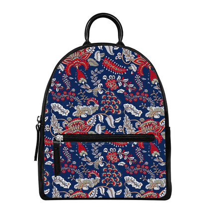 Blue Vintage Bohemian Floral Print Leather Backpack