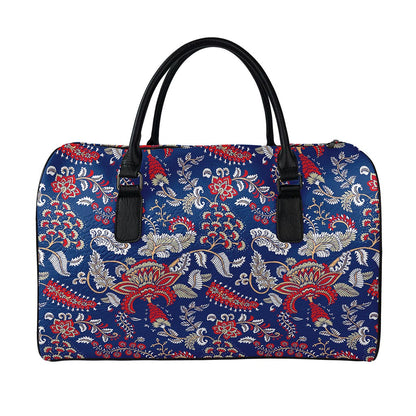 Blue Vintage Bohemian Floral Print Leather Duffle Bag
