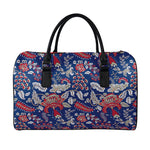 Blue Vintage Bohemian Floral Print Leather Duffle Bag