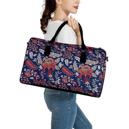 Blue Vintage Bohemian Floral Print Leather Duffle Bag