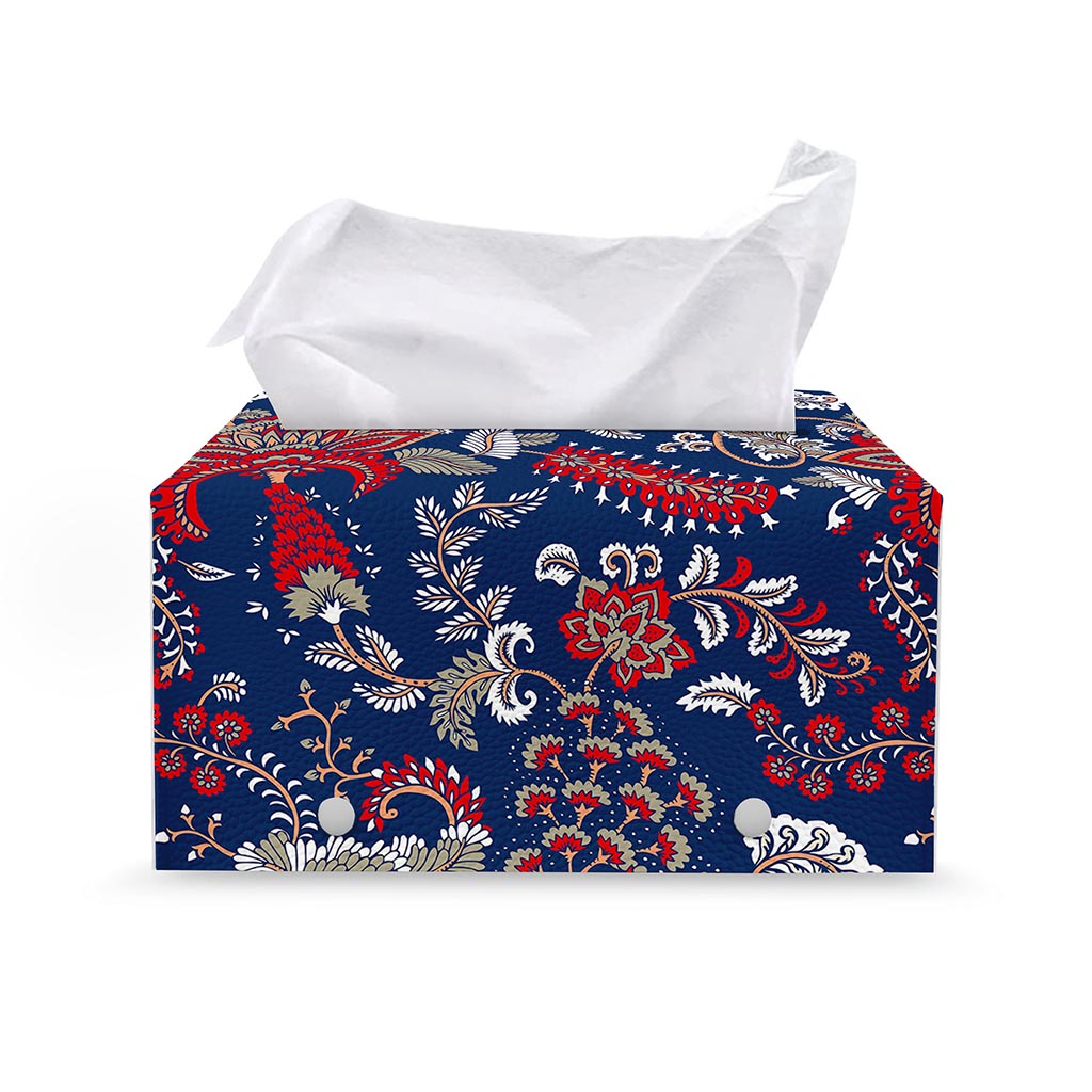 Blue Vintage Bohemian Floral Print Leather Tissue Box Cover