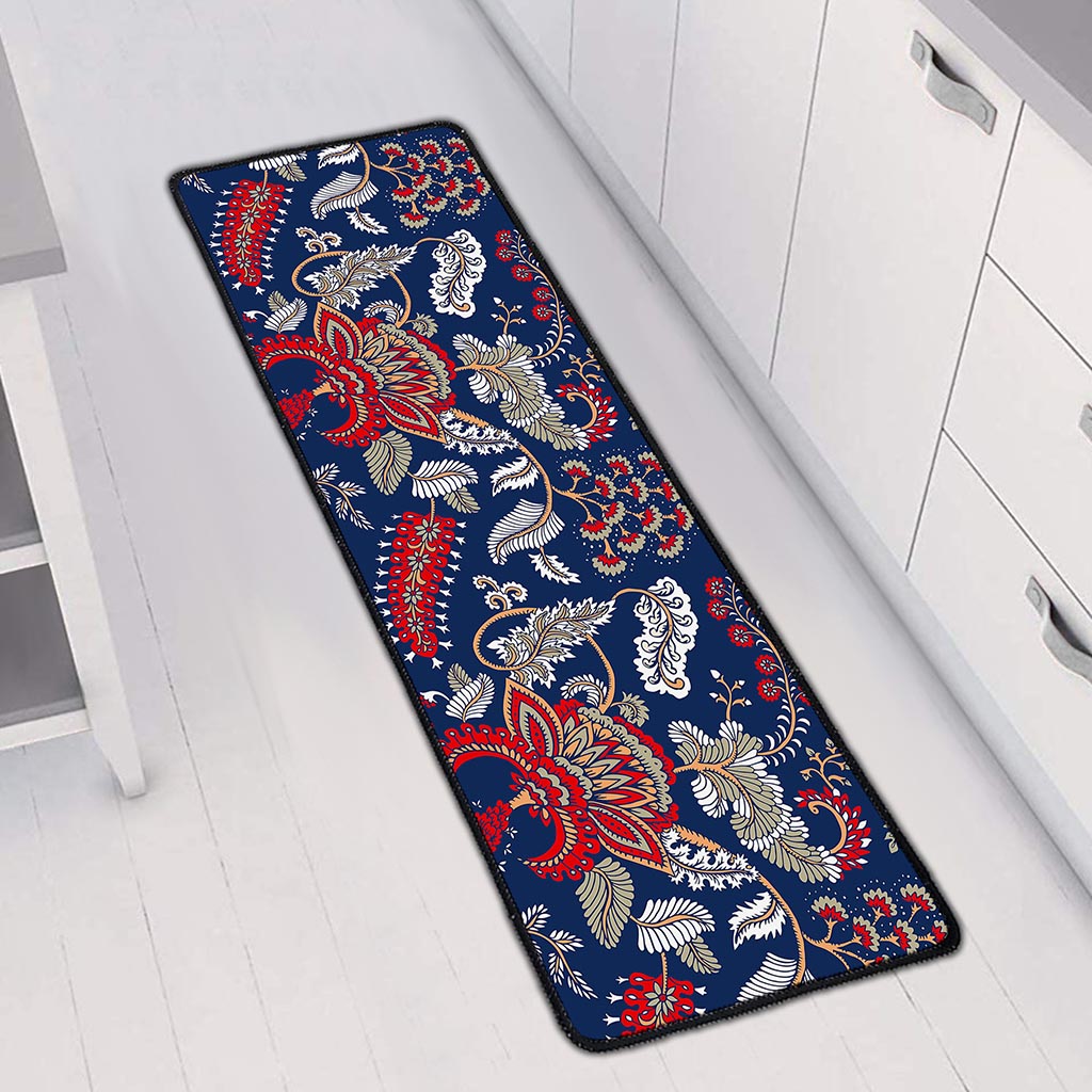 Blue Vintage Bohemian Floral Print Long Kitchen Mat