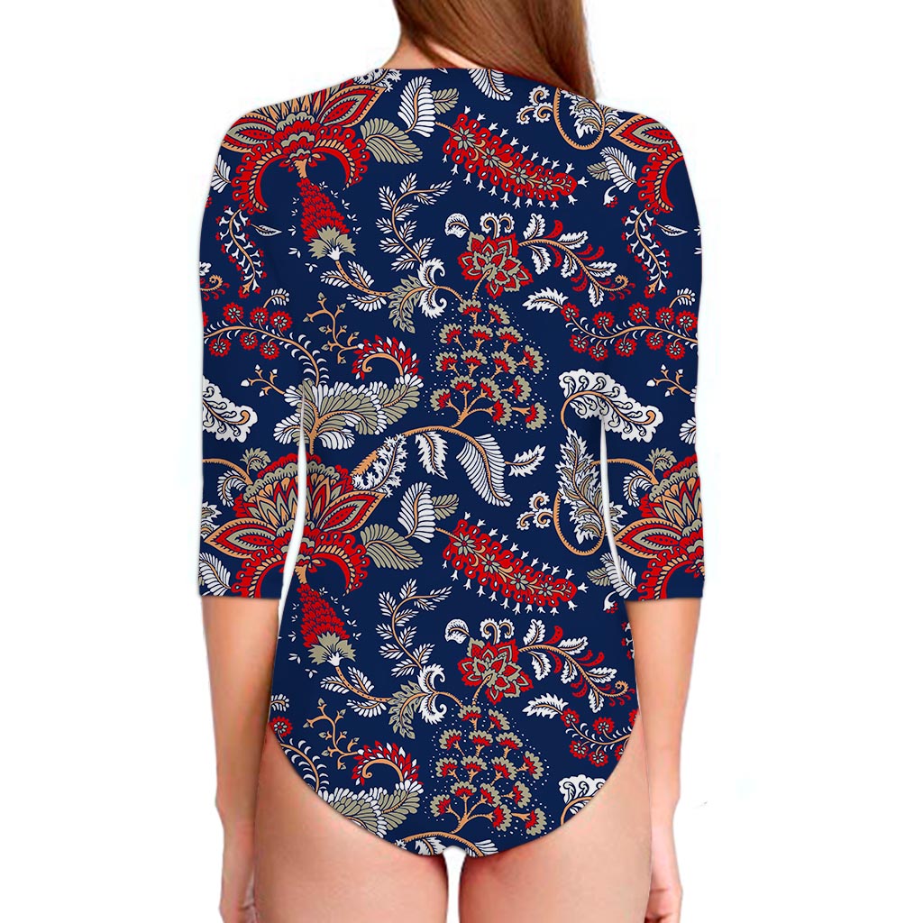 Blue Vintage Bohemian Floral Print Long Sleeve Swimsuit