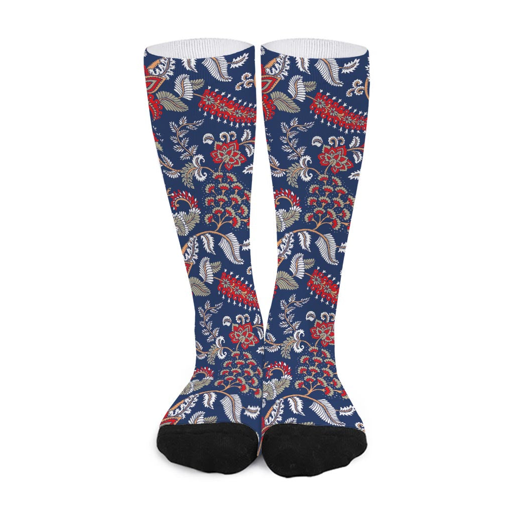 Blue Vintage Bohemian Floral Print Long Socks