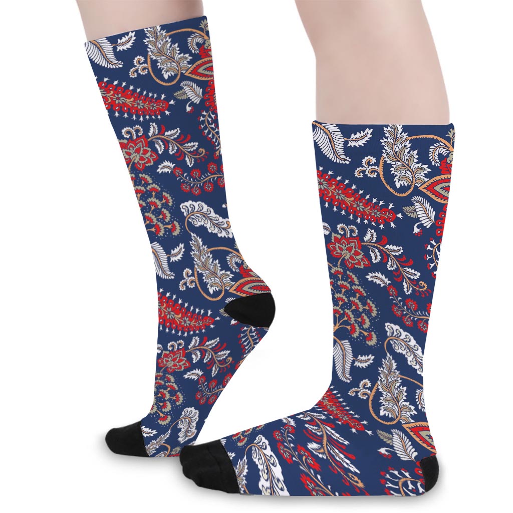 Blue Vintage Bohemian Floral Print Long Socks