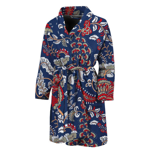 Blue Vintage Bohemian Floral Print Men's Bathrobe