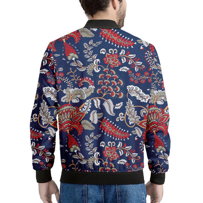 Blue Vintage Bohemian Floral Print Men's Bomber Jacket