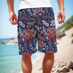 Blue Vintage Bohemian Floral Print Men's Cargo Shorts