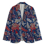 Blue Vintage Bohemian Floral Print Men's Cotton Blazer