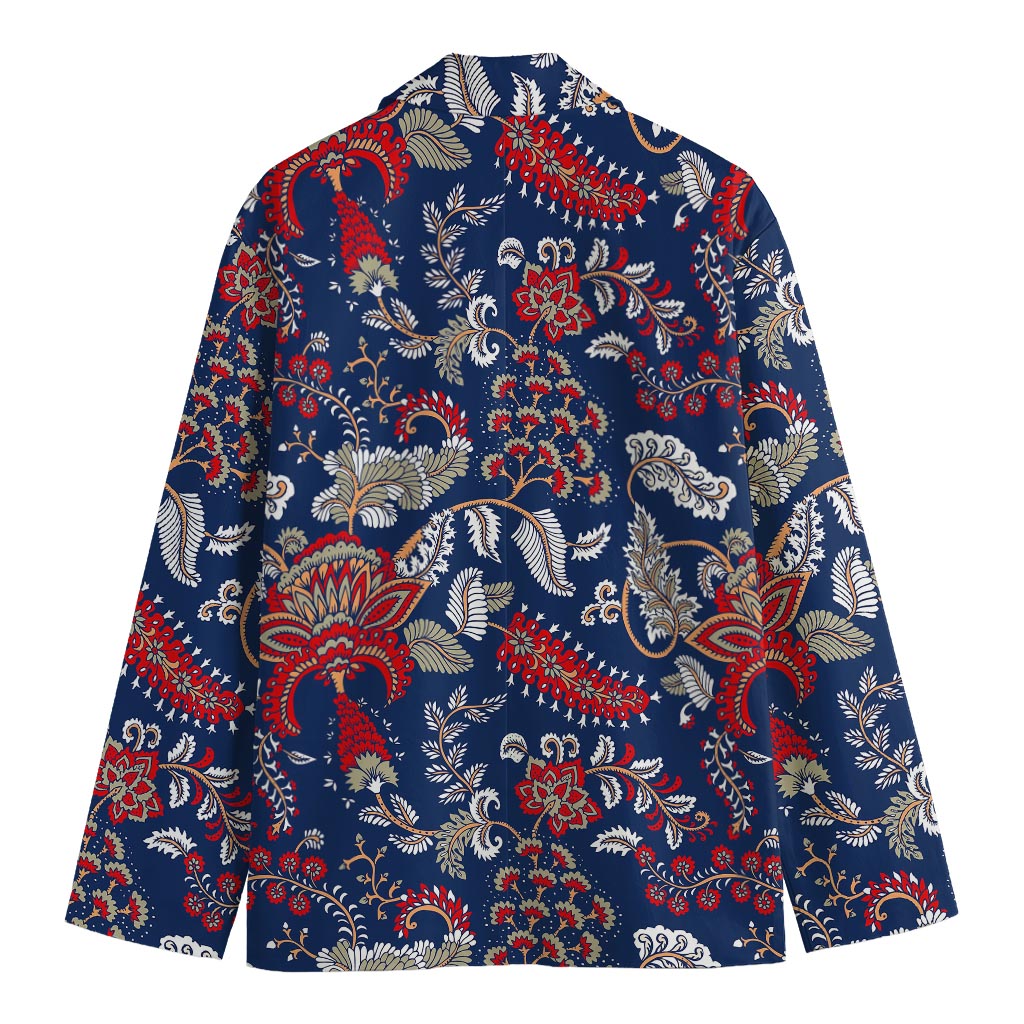 Blue Vintage Bohemian Floral Print Men's Cotton Blazer