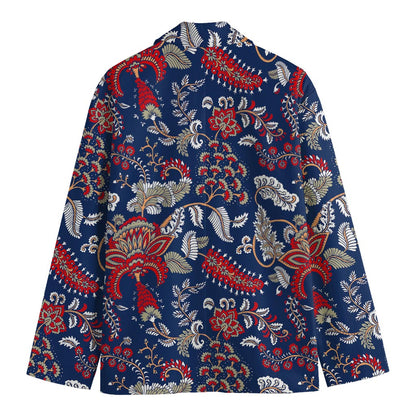 Blue Vintage Bohemian Floral Print Men's Cotton Blazer