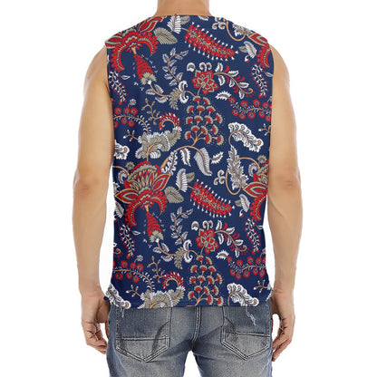 Blue Vintage Bohemian Floral Print Men's Fitness Tank Top