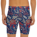 Blue Vintage Bohemian Floral Print Men's Long Boxer Briefs