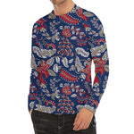 Blue Vintage Bohemian Floral Print Men's Long Sleeve Rash Guard