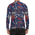 Blue Vintage Bohemian Floral Print Men's Long Sleeve Rash Guard