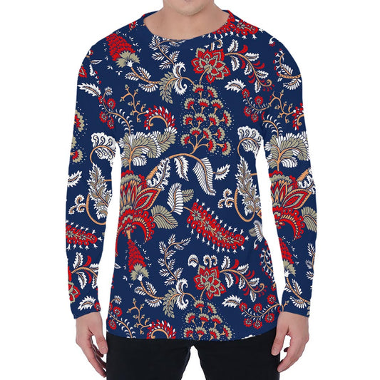 Blue Vintage Bohemian Floral Print Men's Long Sleeve T-Shirt