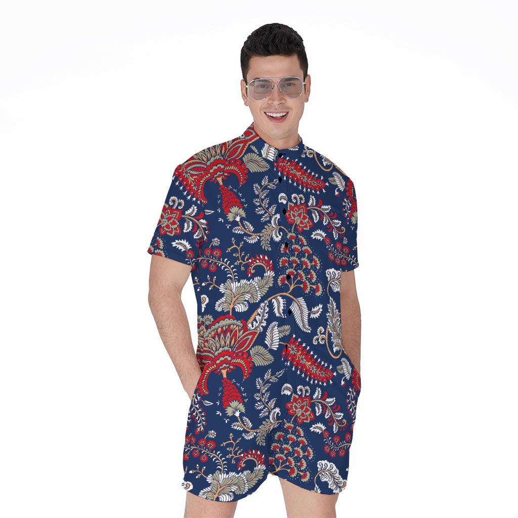 Blue Vintage Bohemian Floral Print Men's Rompers
