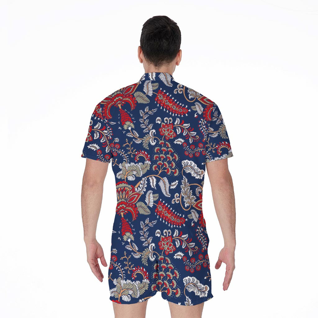 Blue Vintage Bohemian Floral Print Men's Rompers