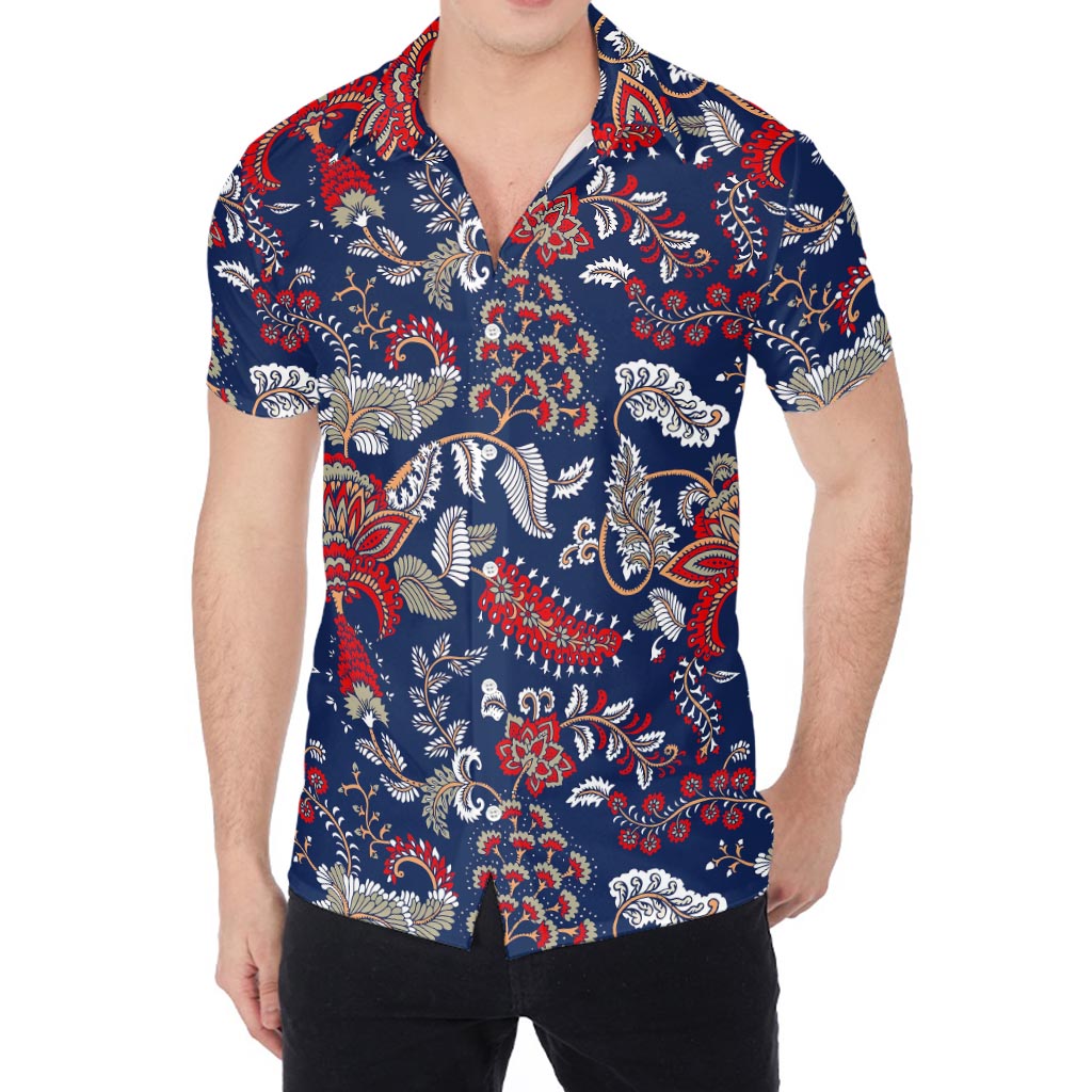 Blue Vintage Bohemian Floral Print Men's Shirt