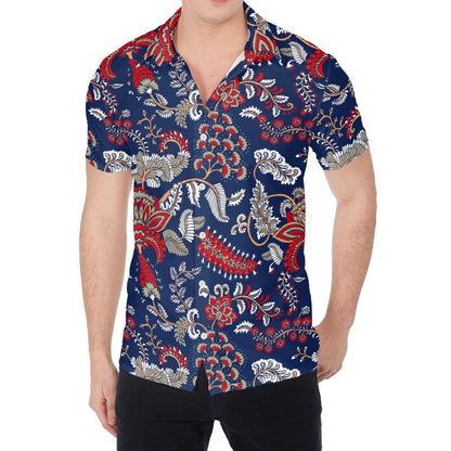 Blue Vintage Bohemian Floral Print Men's Shirt