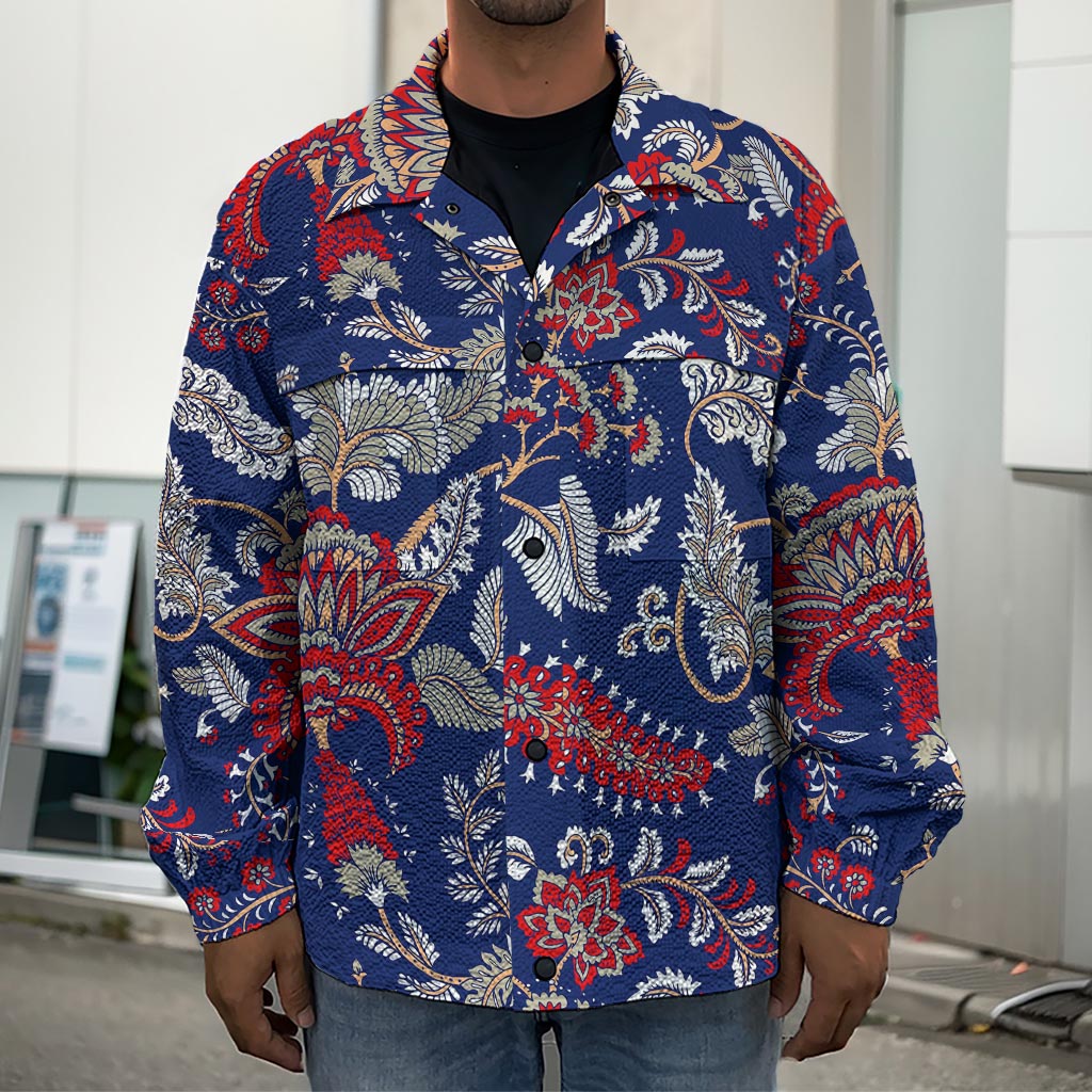 Blue Vintage Bohemian Floral Print Men's Shirt Jacket