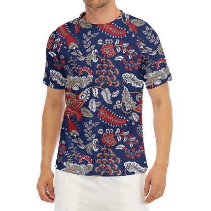 Blue Vintage Bohemian Floral Print Men's Short Sleeve Rash Guard