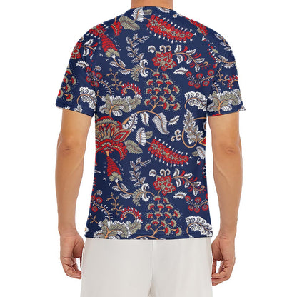 Blue Vintage Bohemian Floral Print Men's Short Sleeve Rash Guard