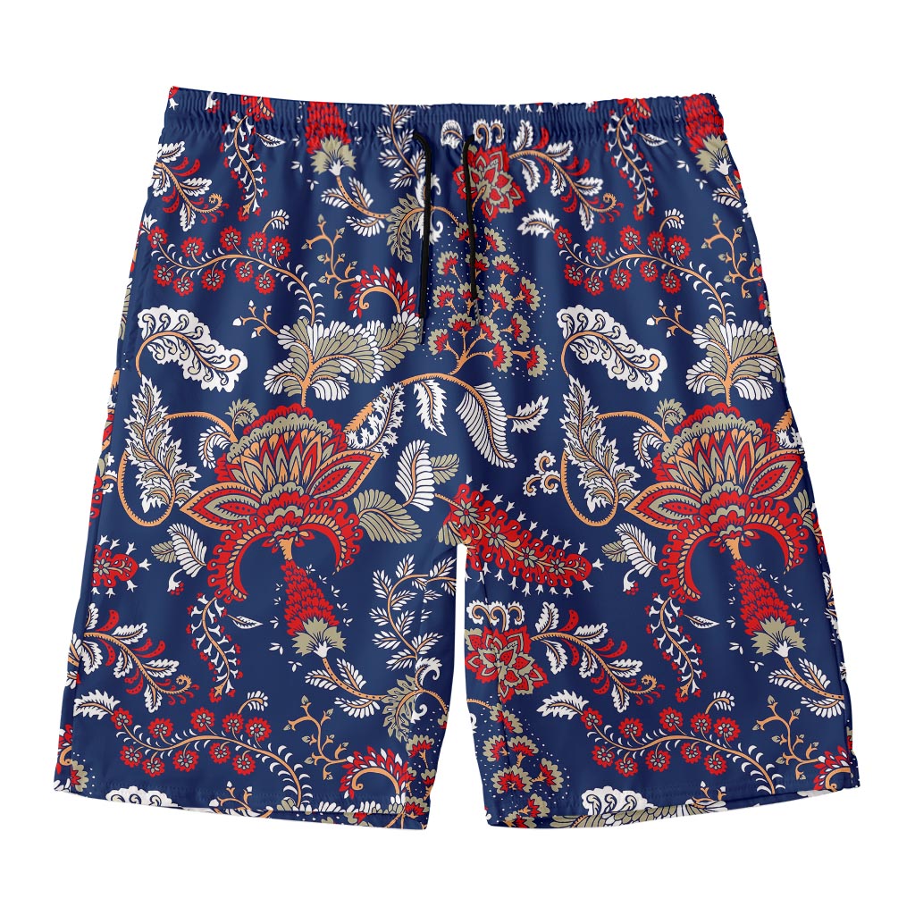 Blue Vintage Bohemian Floral Print Men's Swim Trunks