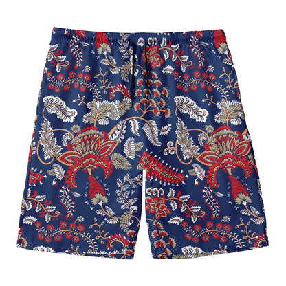 Blue Vintage Bohemian Floral Print Men's Swim Trunks