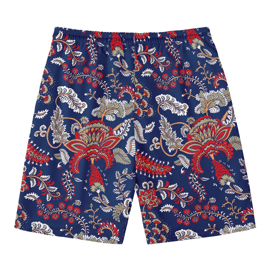 Blue Vintage Bohemian Floral Print Men's Swim Trunks