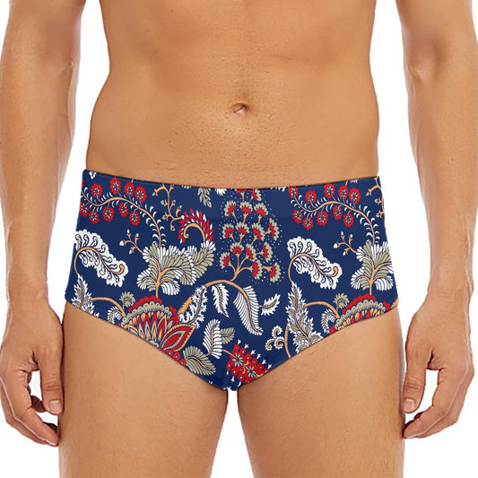 Blue Vintage Bohemian Floral Print Men's Triangle Swim Briefs