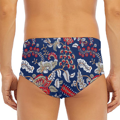 Blue Vintage Bohemian Floral Print Men's Triangle Swim Briefs
