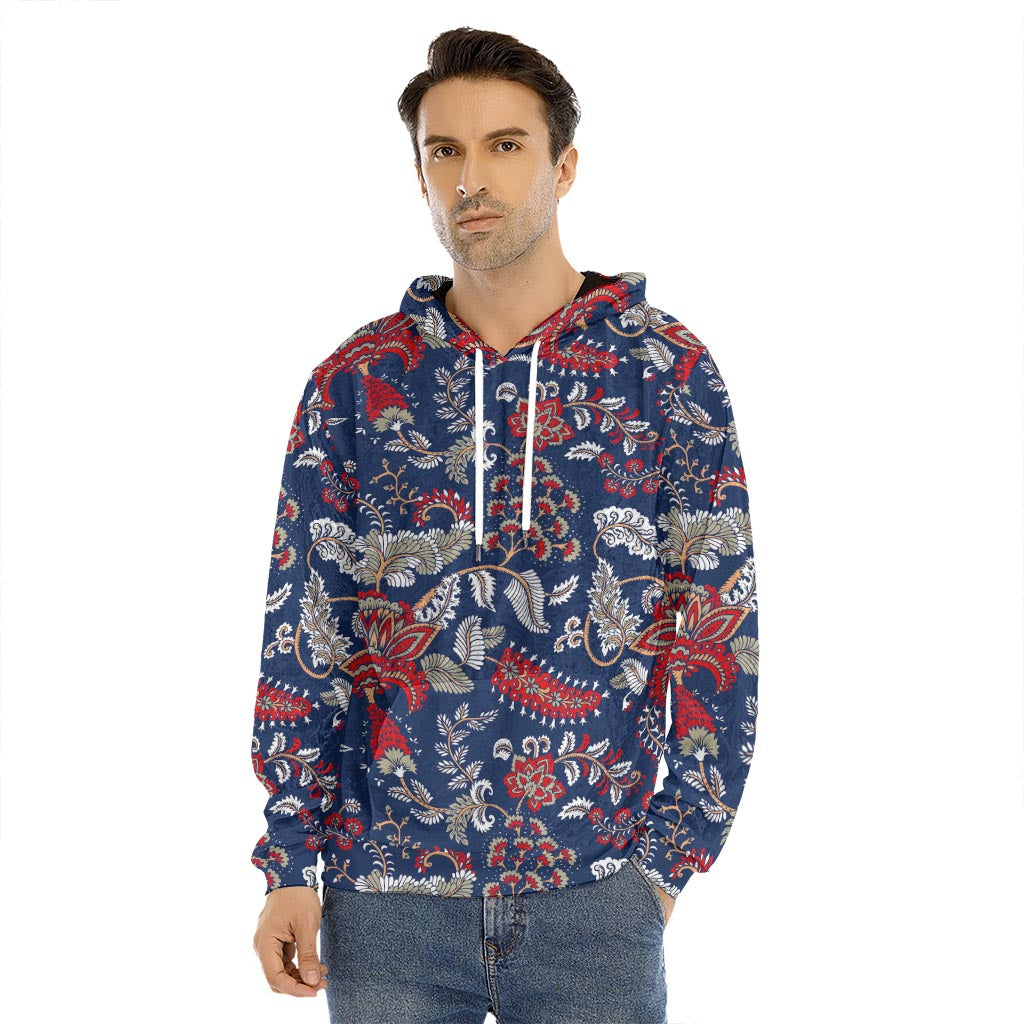 Blue Vintage Bohemian Floral Print Men's Velvet Pullover Hoodie