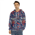 Blue Vintage Bohemian Floral Print Men's Velvet Pullover Hoodie