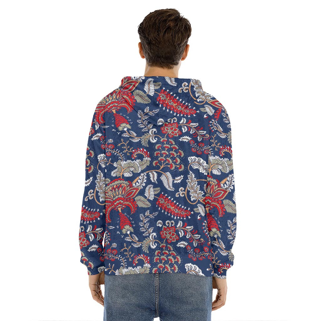 Blue Vintage Bohemian Floral Print Men's Velvet Pullover Hoodie