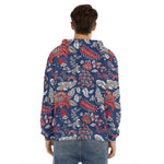 Blue Vintage Bohemian Floral Print Men's Velvet Pullover Hoodie