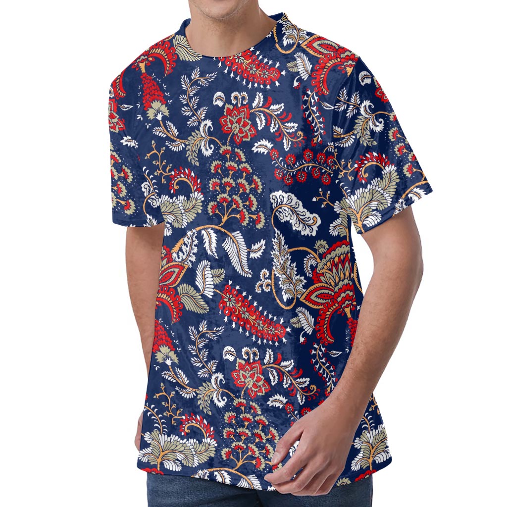 Blue Vintage Bohemian Floral Print Men's Velvet T-Shirt