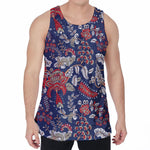 Blue Vintage Bohemian Floral Print Men's Velvet Tank Top