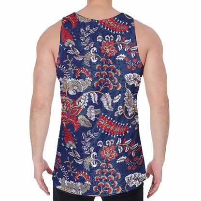 Blue Vintage Bohemian Floral Print Men's Velvet Tank Top