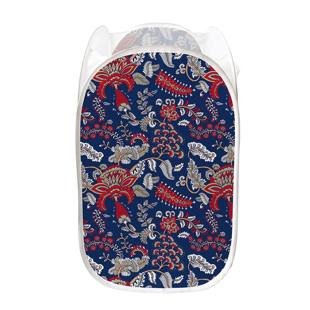 Blue Vintage Bohemian Floral Print Mesh Laundry Hamper