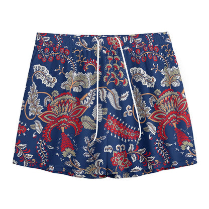 Blue Vintage Bohemian Floral Print Mesh Shorts