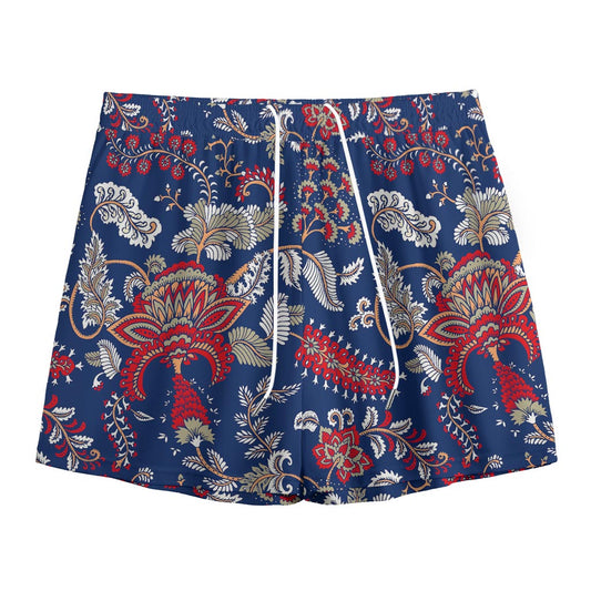 Blue Vintage Bohemian Floral Print Mesh Shorts