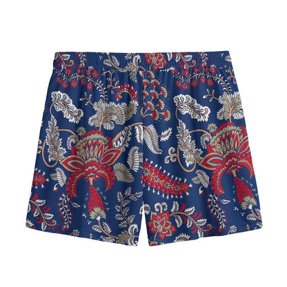 Blue Vintage Bohemian Floral Print Mesh Shorts